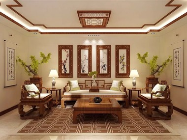 中式休闲区沙发背景墙效果图