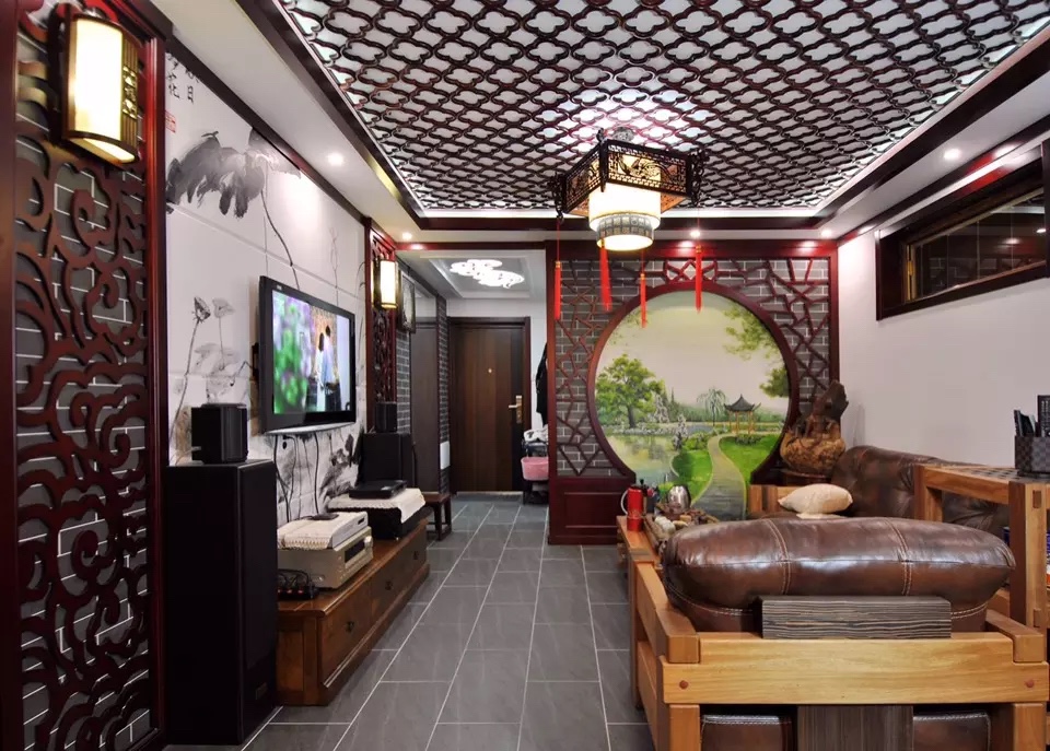 中式客厅电视背景墙实景图